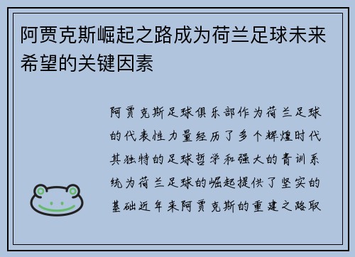阿贾克斯崛起之路成为荷兰足球未来希望的关键因素 阿贾克斯崛起之路成为荷兰足球未来希望的关键因素