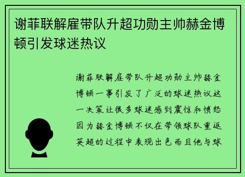 谢菲联解雇带队升超功勋主帅赫金博顿引发球迷热议