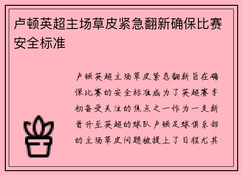 卢顿英超主场草皮紧急翻新确保比赛安全标准 卢顿英超主场草皮紧急翻新确保比赛安全标准